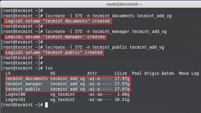 List Created Logical Volumes